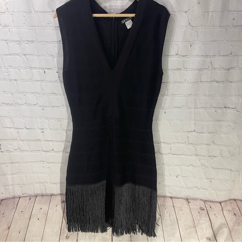 Venus Black Bandage Fringe Hem Bodycon Stretch Dress 10, fits between 8-10